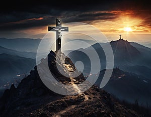 Cross on the top of the mountain. AI generated.