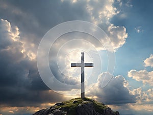 Cross on the top of the mountain with sunset background. Generated with AI