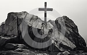 Cross on top of a rock, black and white religion theme concept.