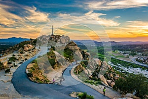 The cross and trails at sunset, at Mount Rubidoux Park