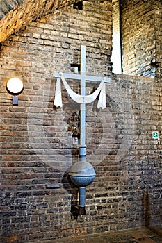 Cross and veil, in the bell tower of the Cathedral of St John the Baptist 2, Turin, Liguria, Italy.
