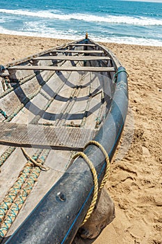 Cross view of skeleton of a fishing boat parked alone in seashore, Kailashgiri, Visakhapatnam, Andhra Pradesh, March 05 2017