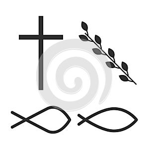 Cross, vine and fish. Flat isolated Christian illustration