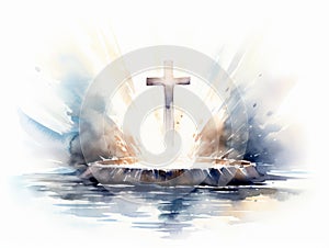 Cross in the water. Watercolor illustration on a white background. Generative AI