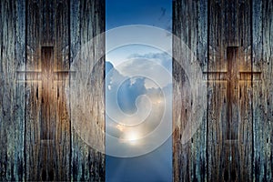 Cross on the wood wall and hope sunbeam