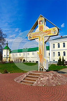 Cross of worship before the Holy gates of the monastery of the Kaluga Tikhon desert