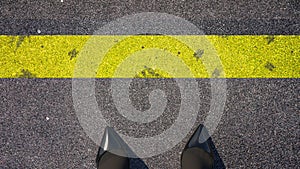 Cross the yellow line  ? A woman in front of the line. Concept illustration showing pump shoes in front of a yellow line. 3D Rende