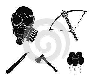 Crossbow, gas mask, ax, combat knife. Weapons set collection icons in black style vector symbol stock illustration web.