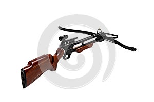 Crossbow isolate on white back. Modern crossbow with wooden butt. Quiet weapons for hunting and sports