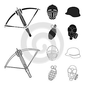 Crossbow, medieval helmet, soldier helmet, hand grenade. Weapons set collection icons in black,outline style vector