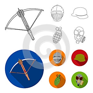 Crossbow, medieval helmet, soldier helmet, hand grenade. Weapons set collection icons in outline,flat style vector