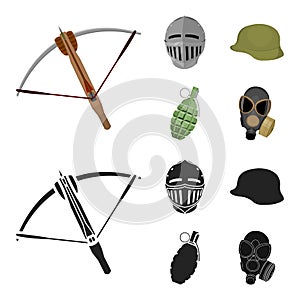 Crossbow, medieval helmet, soldier`s helmet, hand grenade. Weapons set collection icons in cartoon,black style vector