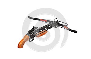 Crossbow with a wooden handle and no butt isolate on a white back. Quiet weapon for hunting and sports