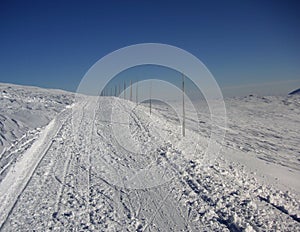 Crosscountry skiing route marked with wooden sticks