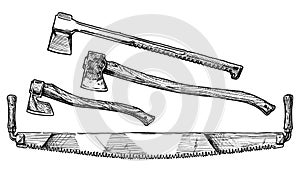 Crosscut saw, felling and splitting axes