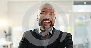 Crossed arms, happy and face of business black man in office for leadership, empowerment and success. Corporate, manager
