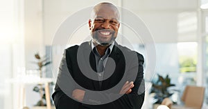 Crossed arms, laugh and face of business black man in office for leadership, funny joke and success. Corporate, manager