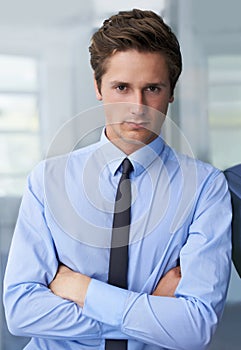 Crossed arms, serious and portrait of business man, professional consultant or agent with focus on corporate work