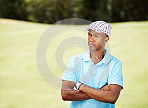 Crossed arms, sports and man golfer thinking with confident, good and positive attitude on field. Happy, fitness and