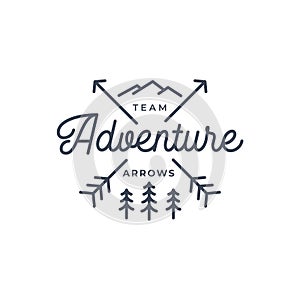 Crossed Arrows with mountain and pine tree. Minimalist Rustic Hipster logo design with line art style