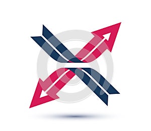 Crossed arrows vector logo, opposite reverse movement concept, inversion and upturn.