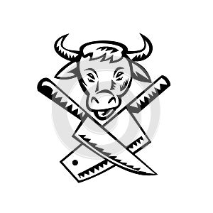 Crossed Butcher Knife With Cow Head Front View Black and White