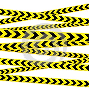 Crossed caution tape set. Yellow and black warning stripes. Repeated construction, hazard, danger sellotapes