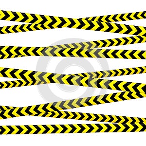 Crossed caution tape set. Yellow and black warning stripes. Repeated construction, hazard, danger sellotapes