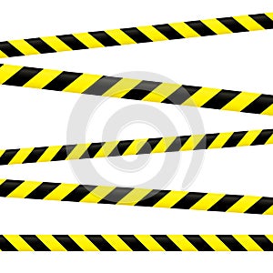 Crossed caution tape set. Yellow and black warning stripes. Repeating construction, hazard, danger sellotapes