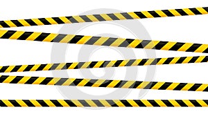 Crossed caution tape set. Yellow and black warning stripes. Repeating construction, hazard, danger sellotapes