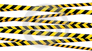 Crossed caution tape set. Yellow and black warning stripes. Repeating construction, hazard, danger sellotapes