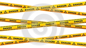 Crossed caution tapes. Yellow and black danger warning stripes. Repeating construction, hazard, danger sellotapes