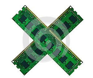 Crossed computer memory board isolated on white