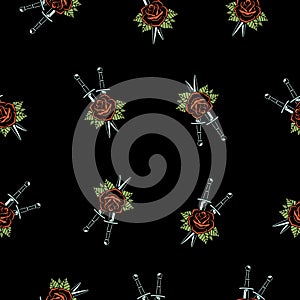 CROSSED DAGGERS AND ROSE FLOWER SEAMLESS PATTERN