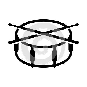 Crossed drumsticks on a snare drum icon. Drum school logo.