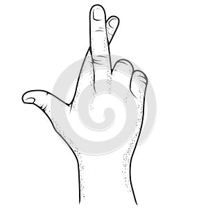 Crossed fingers hand gesture, good luck and hope symbol, fake promise sign or swindle photo