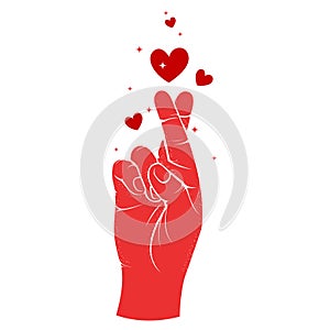 Crossed fingers hand gesture and hearts, Valentine\'s day hope sign, fake promise and fortune symbol