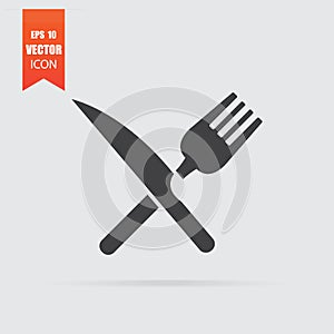 Crossed fork and knife icon in flat style isolated on grey background