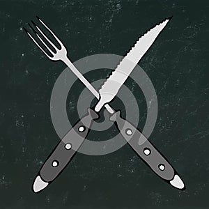 Crossed Fork over Steak Knife. Food Icon. Realistic Doodle Cartoon Style Hand Drawn Sketch Vector Illustration. Isolated