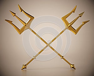 Crossed gold tridents on reflective surface. 3D illustration