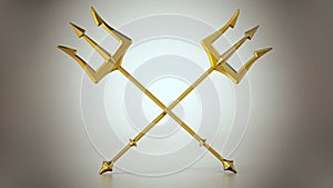Crossed gold tridents on reflective surface. 3D illustration