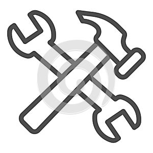 Crossed hammer and wrench line icon. Repair tools and worker equipment symbol, outline style pictogram on white