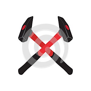 Crossed hammers symbol. Red crossed carpenter hammers. Black hammer with red handle, tool for repair, maintenance, carpentry and