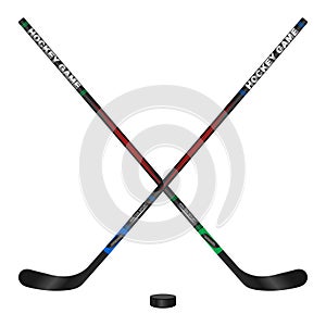 Crossed hockey sticks and puck, 3d vector illustration