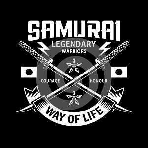 Crossed Katana Samurai Swords Emblem On Black