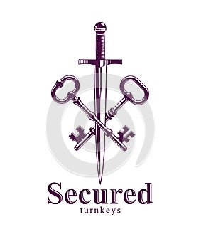Crossed keys and dagger vector symbol emblem, turnkeys and sword, protected secrets, secured power.