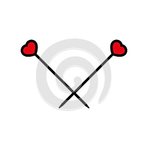 Crossed knitting needles with red hearts. Simple minimal icon and logo design. Vector illustration on white background.