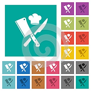 Crossed meat cleaver and knife with chef hat square flat multi colored icons