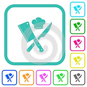 Crossed meat cleaver and knife with chef hat vivid colored flat icons