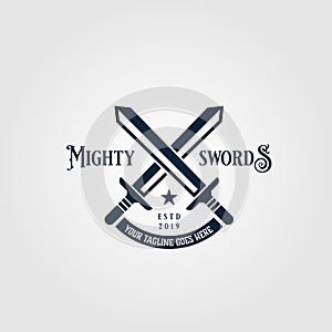 Crossed mighty sword logo vintage symbol vector design illustration